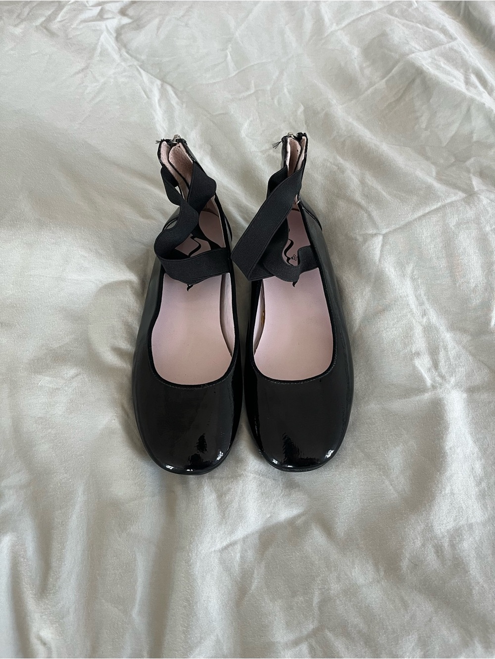 Black Patent Ballet Flats with Ankle Cross Straps